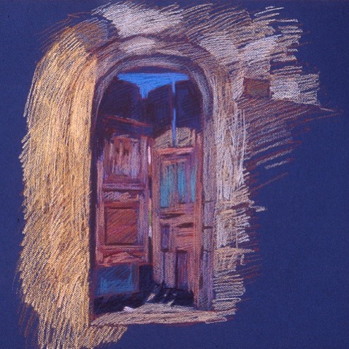 Rickety Courtyard Gate, Rhodes, pastel on dark paper, private collection