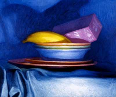 Newberry, Bowls Tea and Banana, 1993, oil on panel, 9x12"